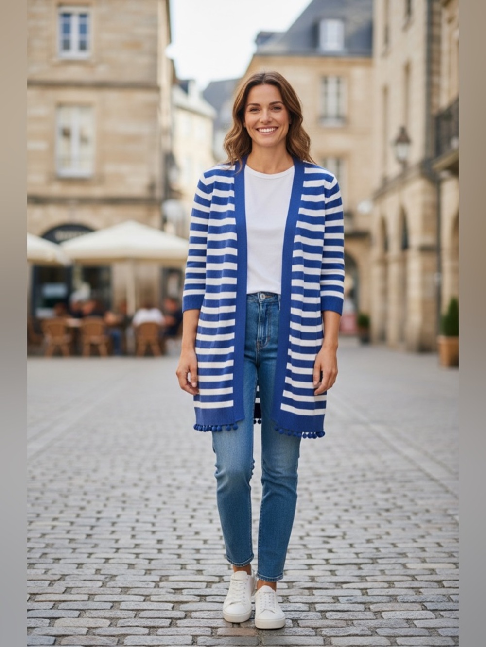 Talbots Petite Blue White Striped Cardigan Pom Trim Open Front Size P